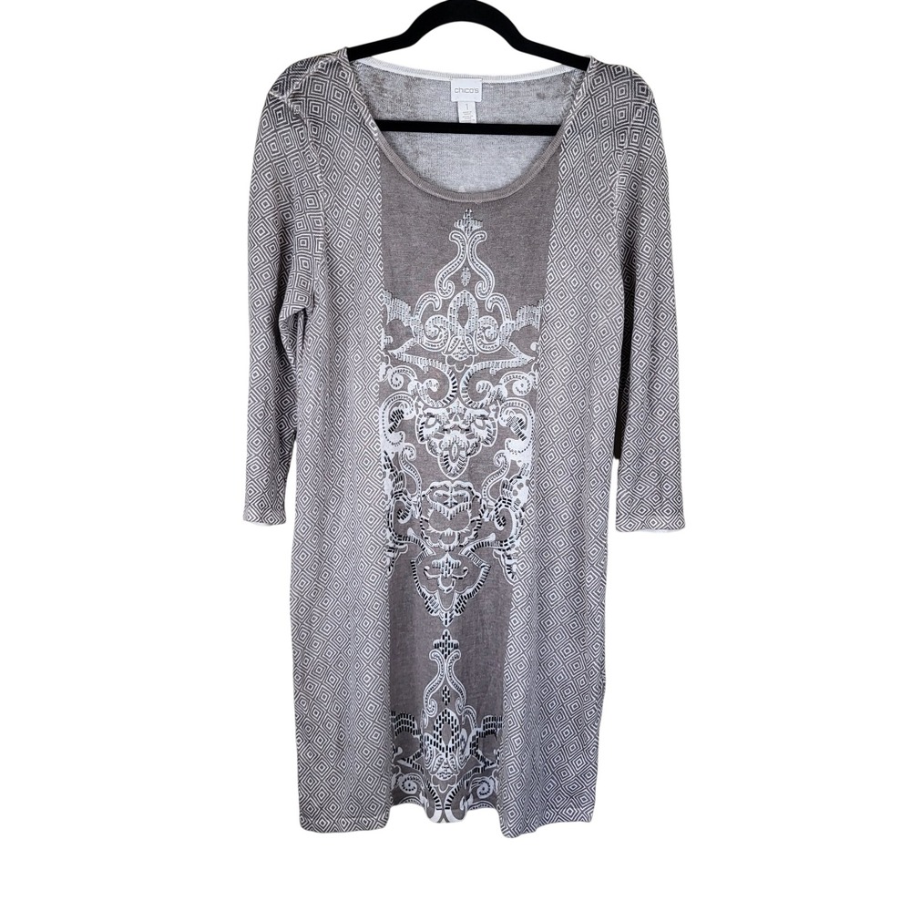 Chico's Mystic Scroll Athena Sweater Tunic Women's Medium 1 Taupe Embellished